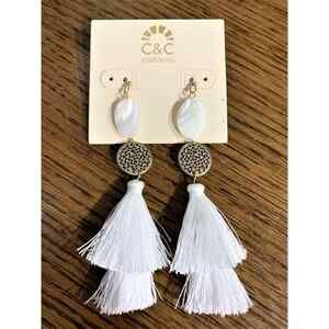 C&C California White Tassel Earrings w/ Mother of Pearl & Goldtone New
